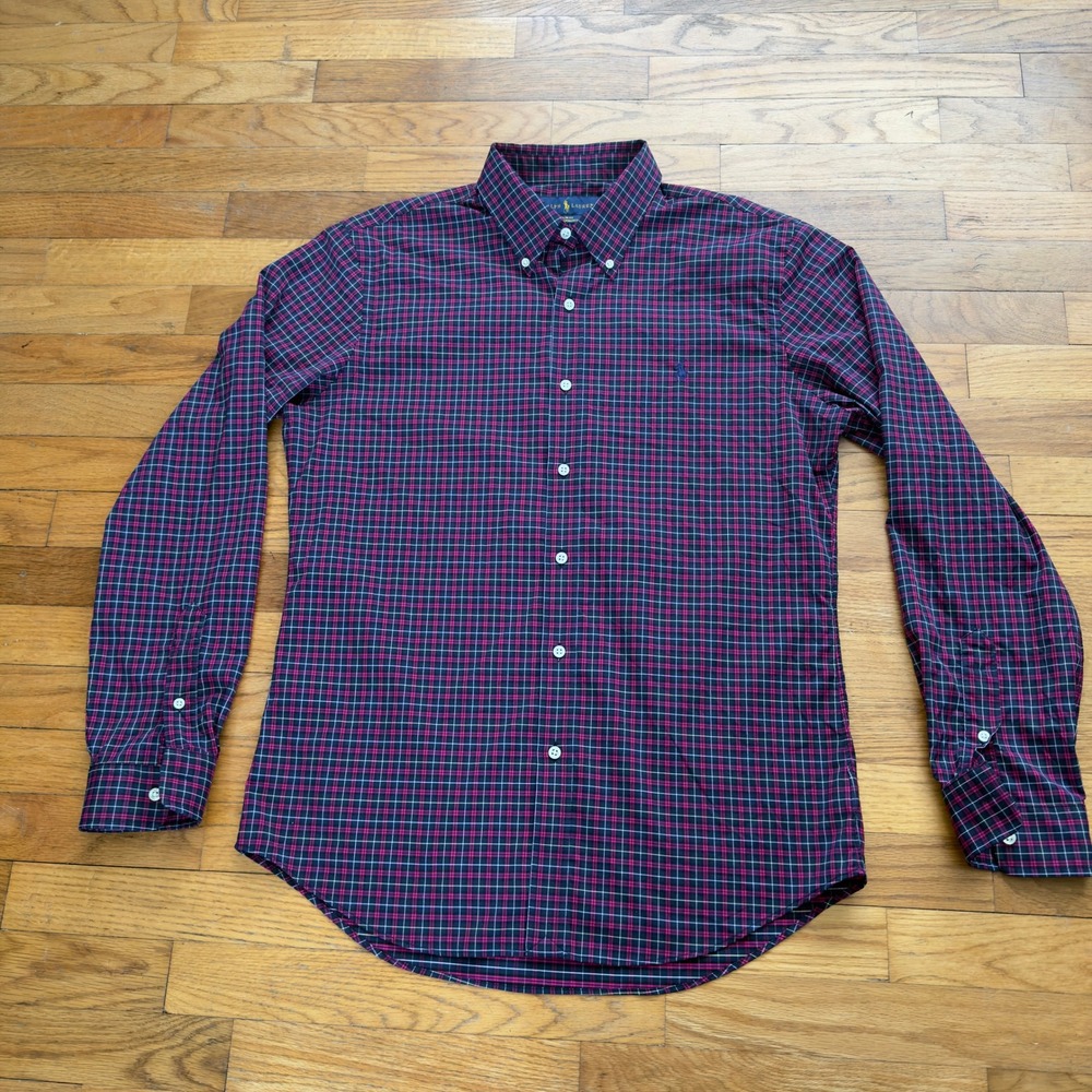 Ralph Lauren Shirt Mens Large Slim Fit Performance Navy Blue Pink Plaid Stretch